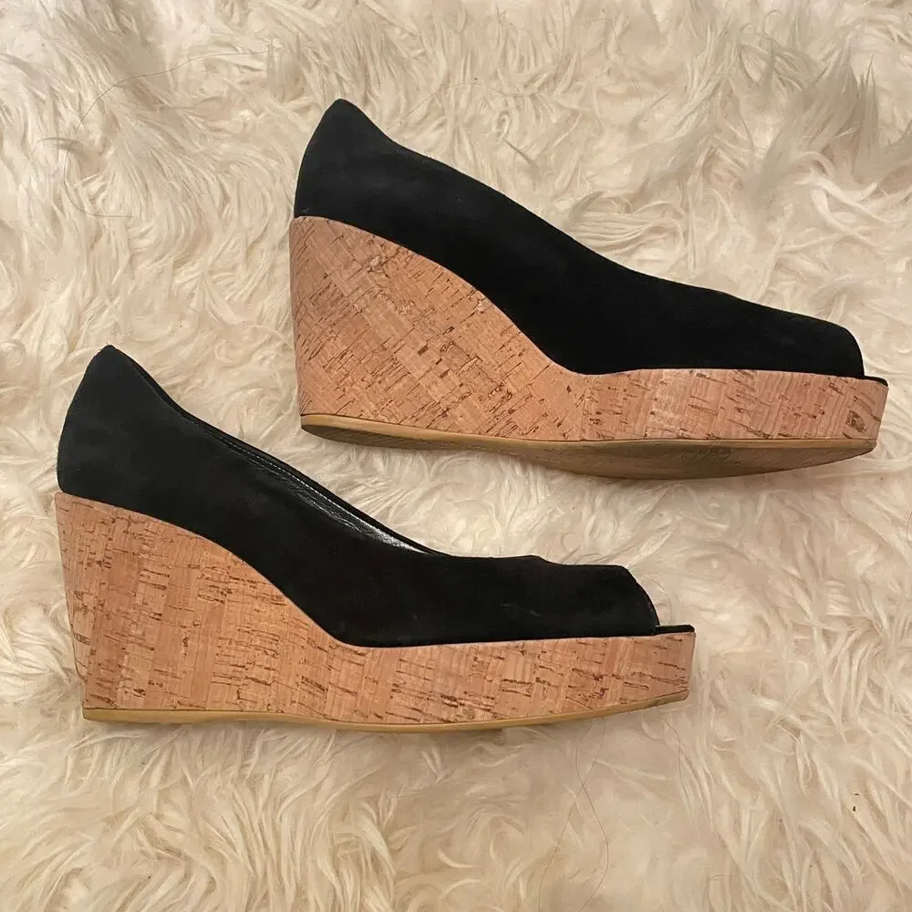 Stuart Weitzman Black Suede Cork Wedge Pumps | EU 40, US 9 ASO Kate Middleton